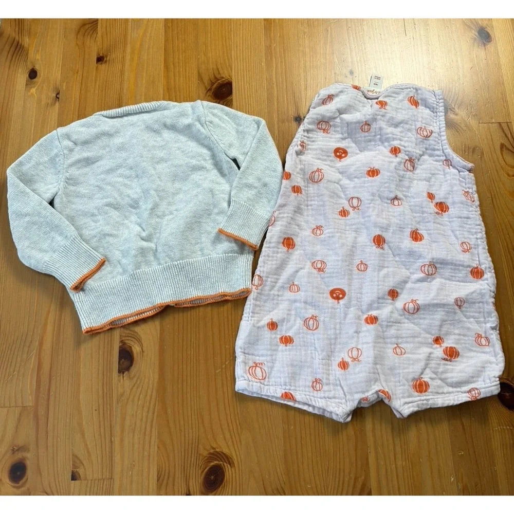 Vintage Gymboree Pumpkin Cardigan & Cat & Jack Muslin Pumpkin Romper Size 12-18M